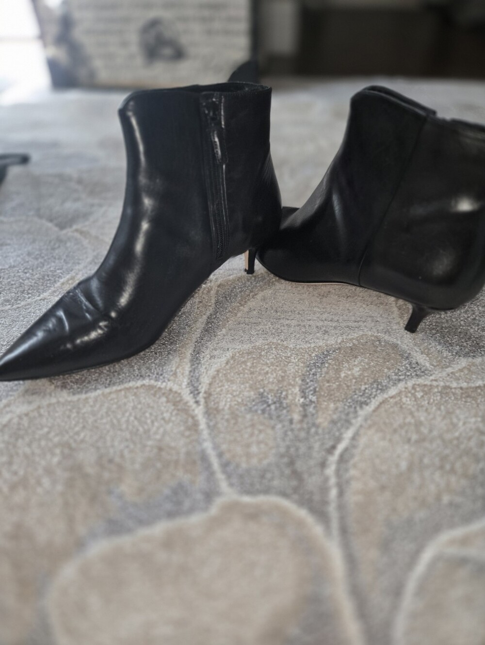 Cole Haan Black Pointed Toe Ankle Booties with Kitten Heel.